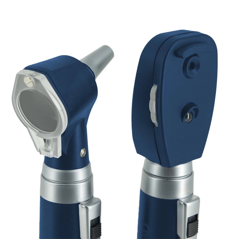 Kit de órganos y sentidos con fibra óptica gmd 2 bases 2 cabezales, color azul, vista lateral, en el lado izquierdo cabezal redondo con lupa transparente y una punta gris para introducir en el oído. En el lado derecho cabezal rectangular con lente de obse. Haga clic para ampliar la imagen