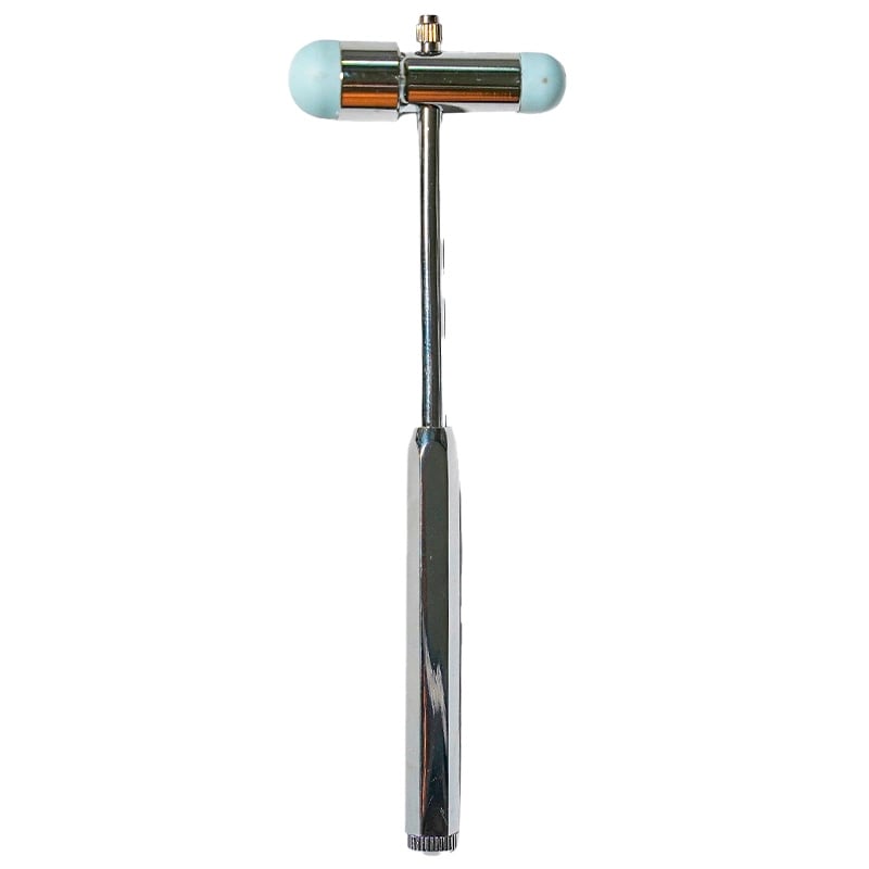 Martillo de reflejo buck gmd, estructura metálica plateada y diseño en forma de T. Con mango metálico alargado y cabezal horizontal con extremos de goma en color azul cielo. En el extremo inferior del mango, pieza metálica con líneas en relieve, donde se . Haga clic para ampliar la imagen