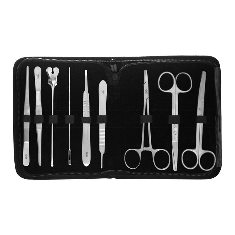 Sistema de disección GMD, kit con estuche abierto que con 9 piezas organizadas de color plateado con mecanismo de resorte en la mitad, elaborados en acero inoxidable.. Haga clic para ampliar la imagen