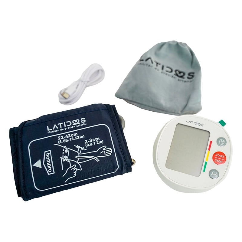 Tensiómetro digital Latidos I, kit con estuche de almacenamiento de color gris. cable blanco y dispositivo de color blanco con pantalla apagada, con botones ubicados en el lateral derecho. Se observa brazalete de color azul con indicaciones de uso en la p. Haga clic para ampliar la imagen