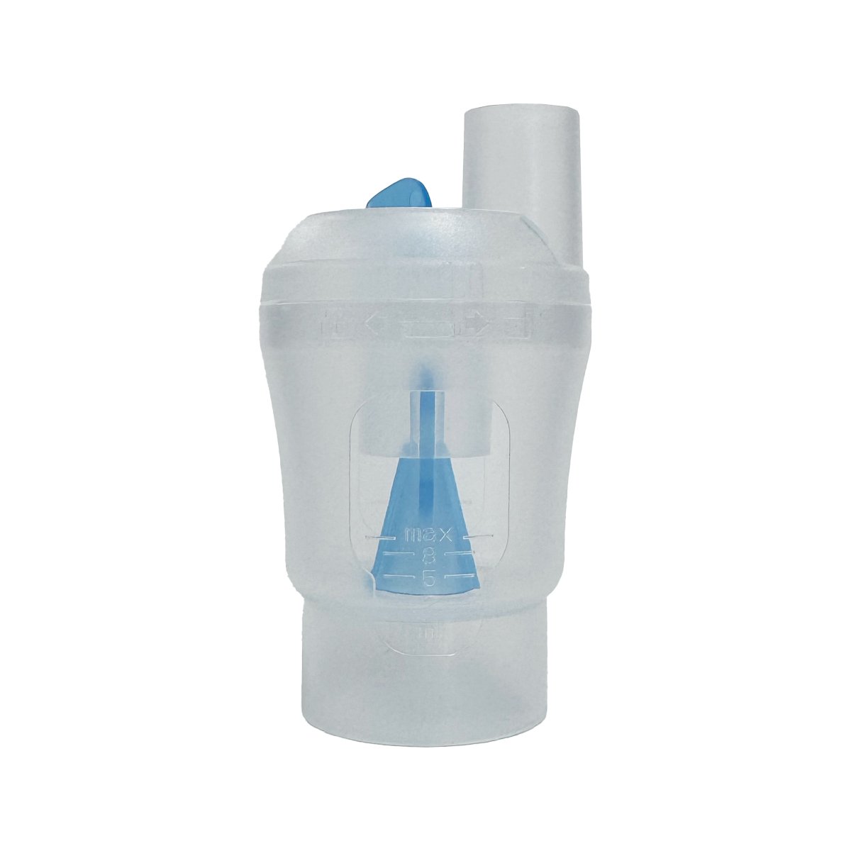 Nebulizador para compresor Nube 1000 y 3000, color transparente, en la parte superior con salida tubular vertical  y tapa redondeada con un detalle en azul, con estructura interna azul y marcas de medida en la pared frontal.