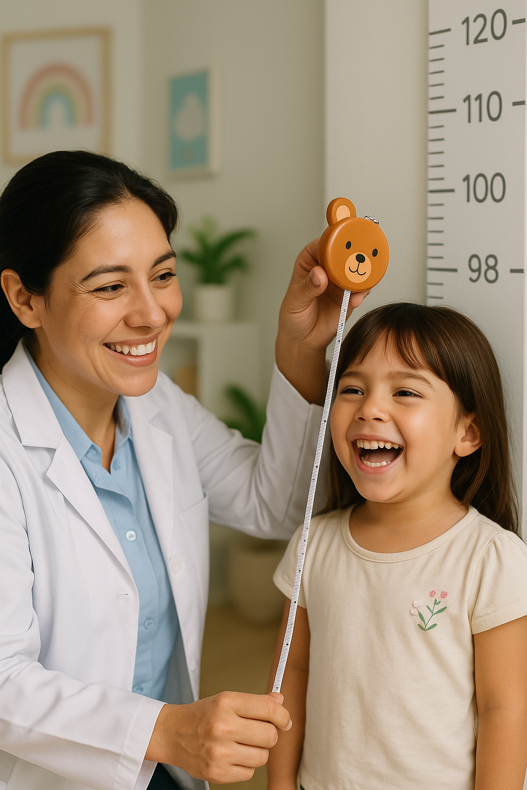 Médica con bata blanca, sostiene la cinta métrica GMD en forma de oso mientras mide a un niña; ambas estan sonriendo.. Haga clic para ampliar la imagen