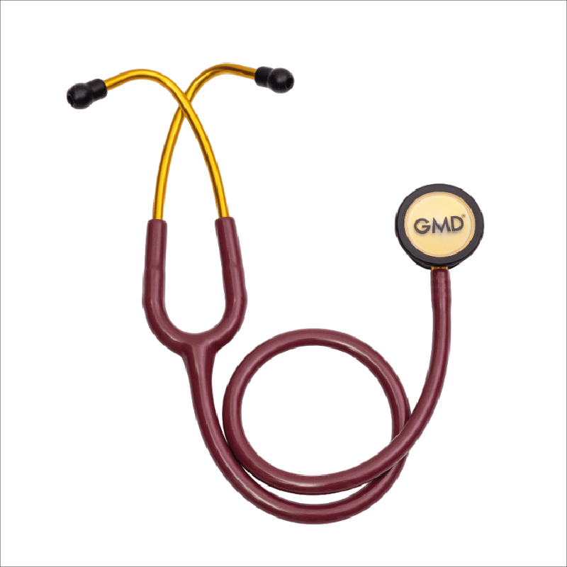 Fonendoscopio OIS 300, con tubo auricular en forma de Y dorado, mangera de color cherry, membrana amarilla con logo GMD impreso, reborde negro. Con olivas negras en los extremos.. Haga clic para ampliar la imagen