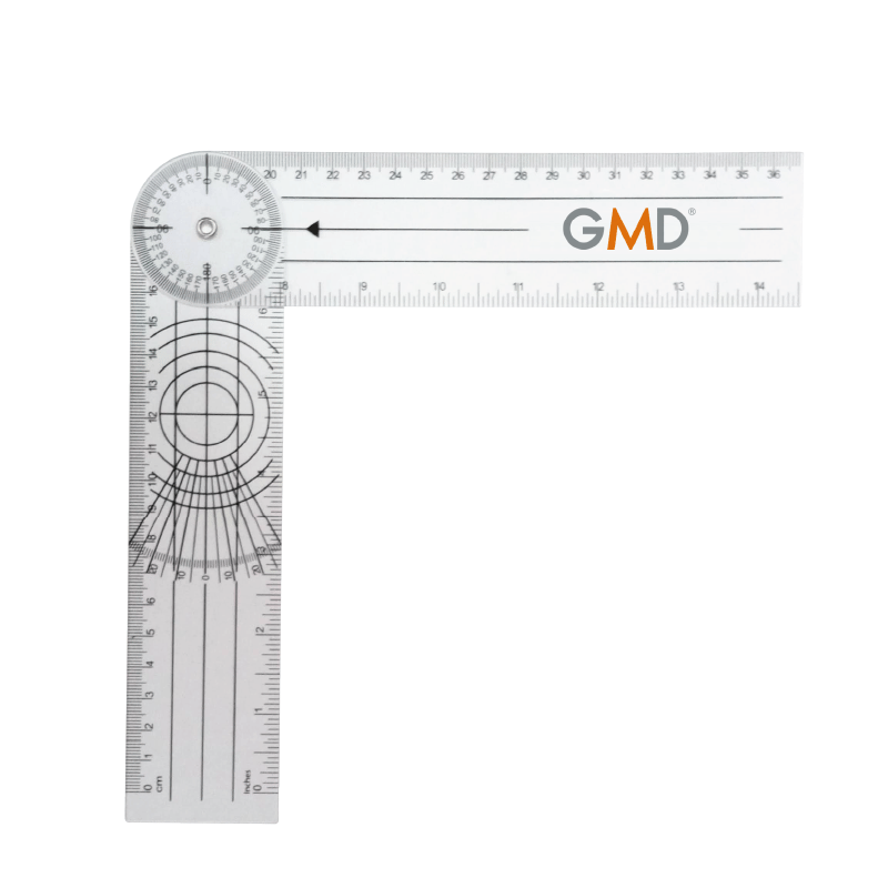 Goniómetro GMD universal de plástico transparente, con cuerpo circular en la parte superior con medición de 0° a 360° en color negro y eje metálico central. El brazo móvil está en posición horizontal, con líneas en ambos lados y una línea central con flec. Haga clic para ampliar la imagen