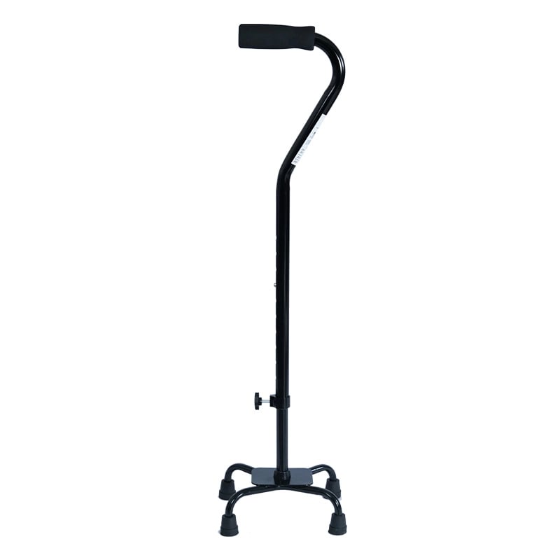 Baston 4 apoyos base pequeña color negro, tipo cuello de cisne. En el extremo superior empuñadura negra y debajo etiqueta blanca con información impresa en negro. En la parte central mecanismo ajustable de altura con orificios y pin plateado; en la parte . Haga clic para ampliar la imagen