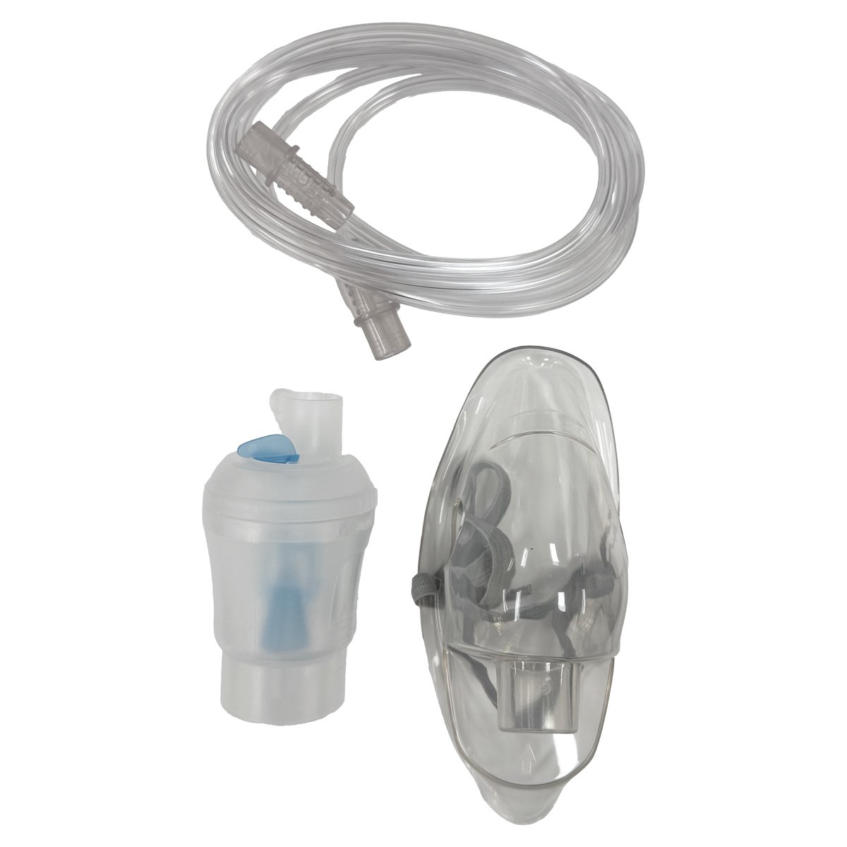 Kit de nebulización del nube 3000 para adultos. En el lado izquierdo nebulizador color transparente, en la parte superior con salida tubular vertical y tapa redondeada con detalle azul, estructura interna azul. En el medio manguera de conexión transparent