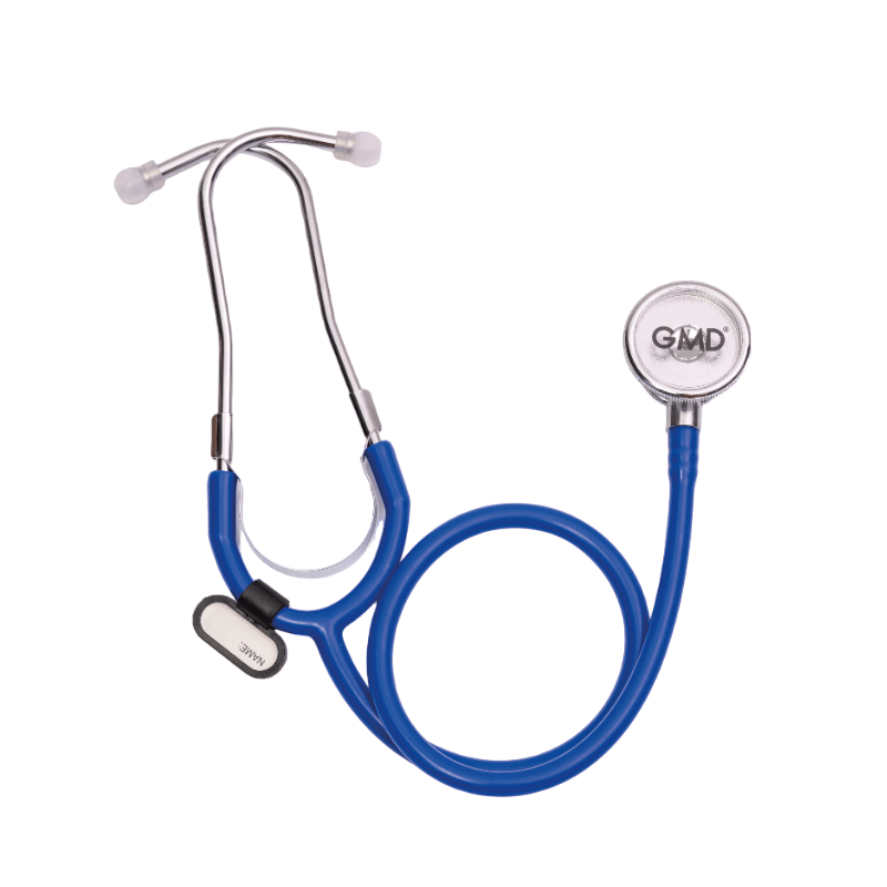 Fonendoscopio OIS 100S, tubo auricular metálico plateado en forma de Y con olivas blancas en los extremos. Sobre el tubo una pieza metálica que sujeta un reborde en forma de U de color blanco, la manguera azul cerúleo enrollada en la parte inferior, en el. Haga clic para ampliar la imagen