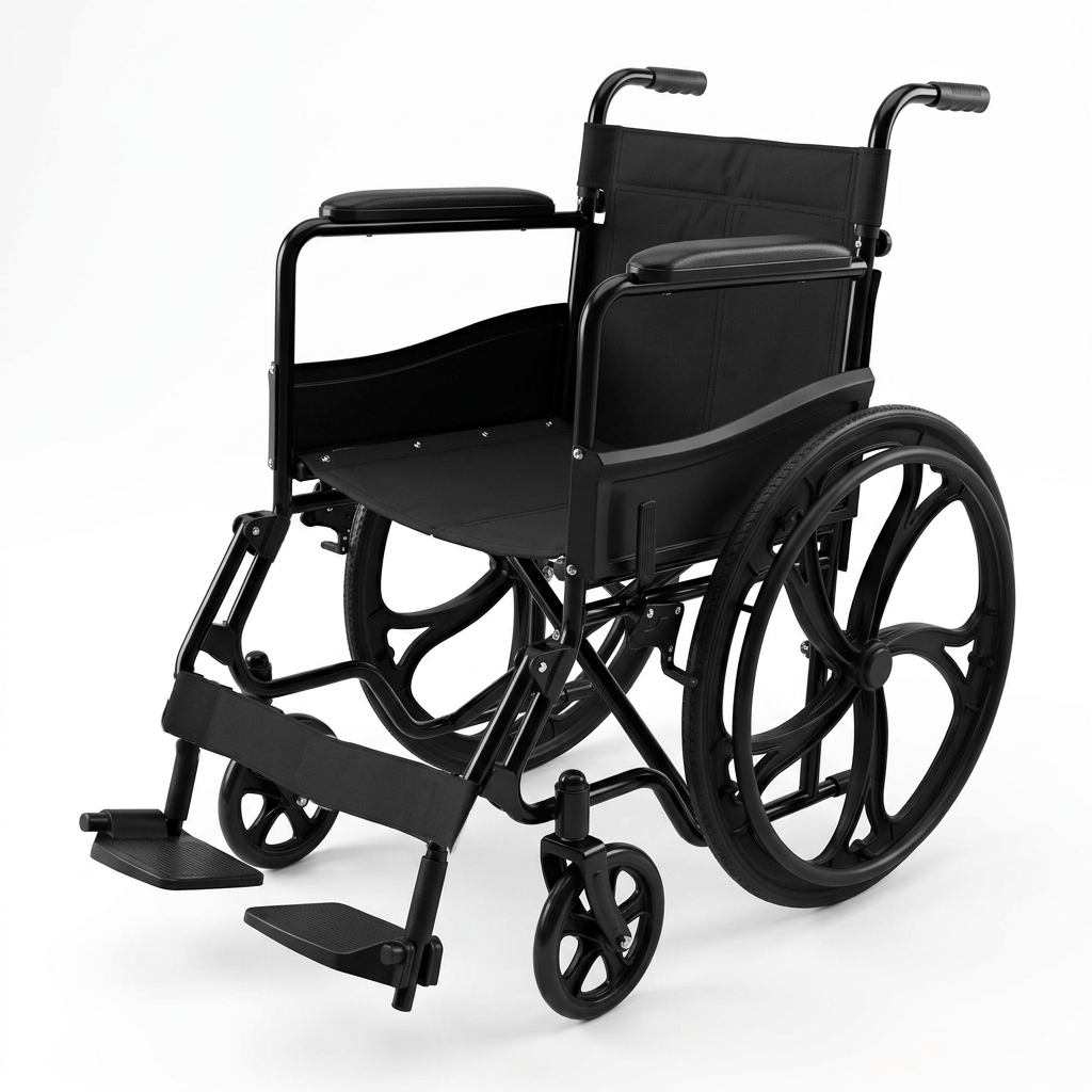 Silla De Ruedas Estándar Con Rin Estrella KP en las ruedas traseras grandes, vista lateral derecha,  estructura metálica negra, asiento y respaldo acolchados negros, apoyabrazos rectos, ruedas delanteras pequeñas giratorias, reposapiés y reposapiernas.. Haga clic para ampliar la imagen