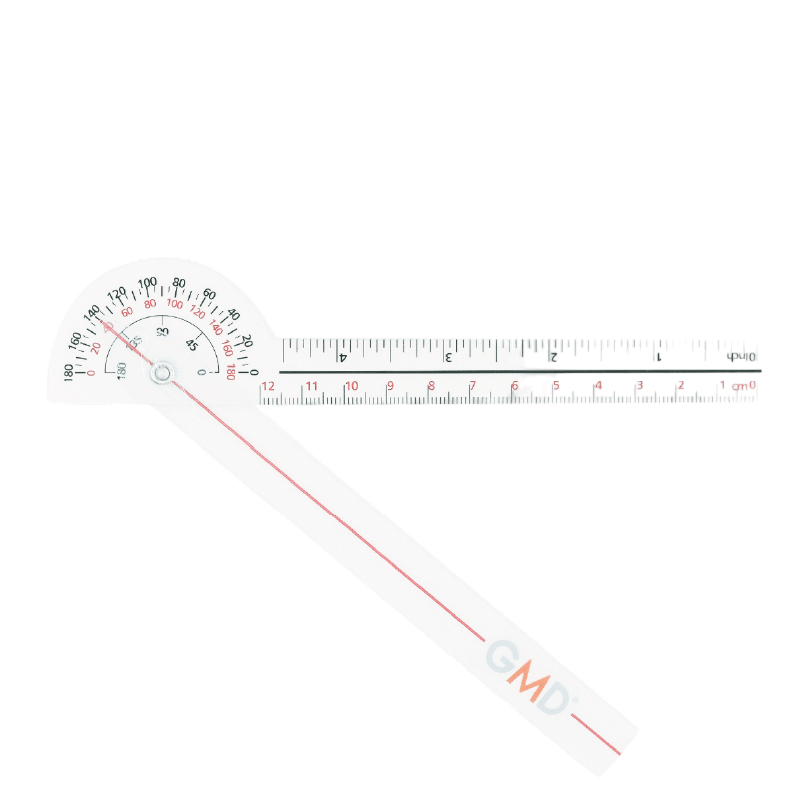 Goniometro gmd para espalda cervical muñeca, de plástico transparente, con cuerpo semicircular en la parte superior donde se observan tres mediciones: la superior de 0° a 180° en intervalos de 10 en 10 con dígitos en color negro; la intermedia en color ro. Haga clic para ampliar la imagen