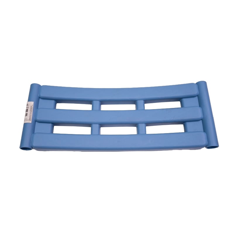 Espaldar para cómodo sanitario kp2-6542sr-ap1-r, color azul, forma rectangular con rejilla central, tres orificios en la parte superior e inferior, bordes curvos con orificio superior e inferior para fijación al sanitario. Etiqueta blanca en el centro del