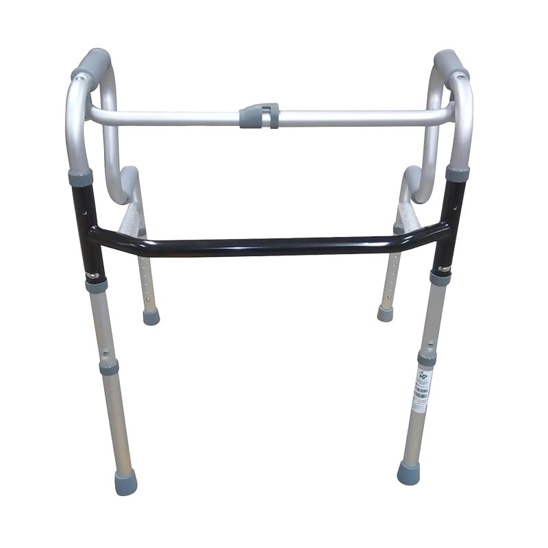 Caminador stand up doble función color gris, vista frontal, estructura metálica. En la parte superior mangos de agarre plateados a ambos lados y barras de soporte: una superior con estructura gris central, una barra negra en el centro y dos laterales en l. Haga clic para ampliar la imagen