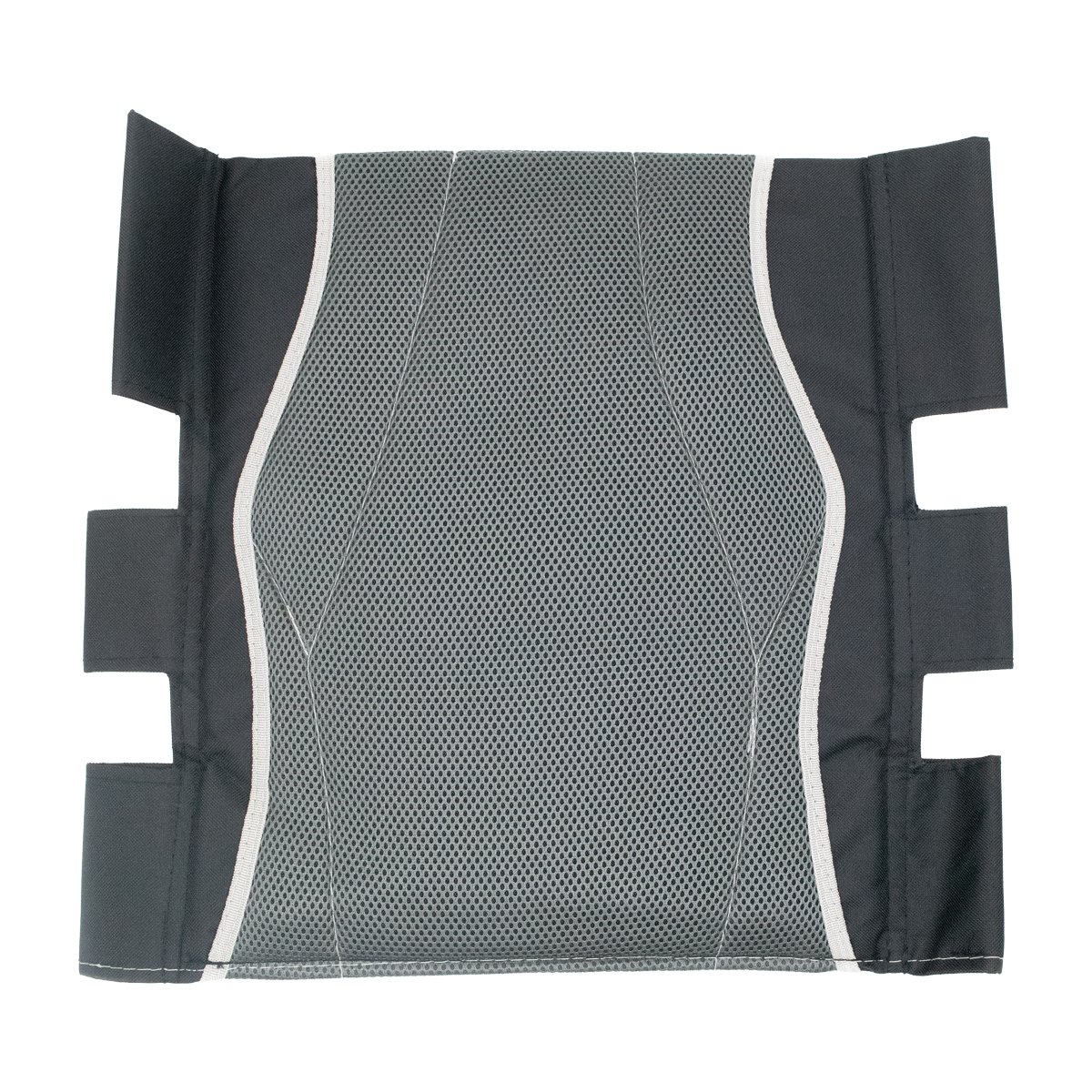 Respaldo para KBE1432RF-MP23L, vista anterior, en tela color negro en los laterales en el centro gris tipo malla con pequeños orificios, reborde blanco y tres orificios a cada lado para introducir la estructura metálica.. Haga clic para ampliar la imagen
