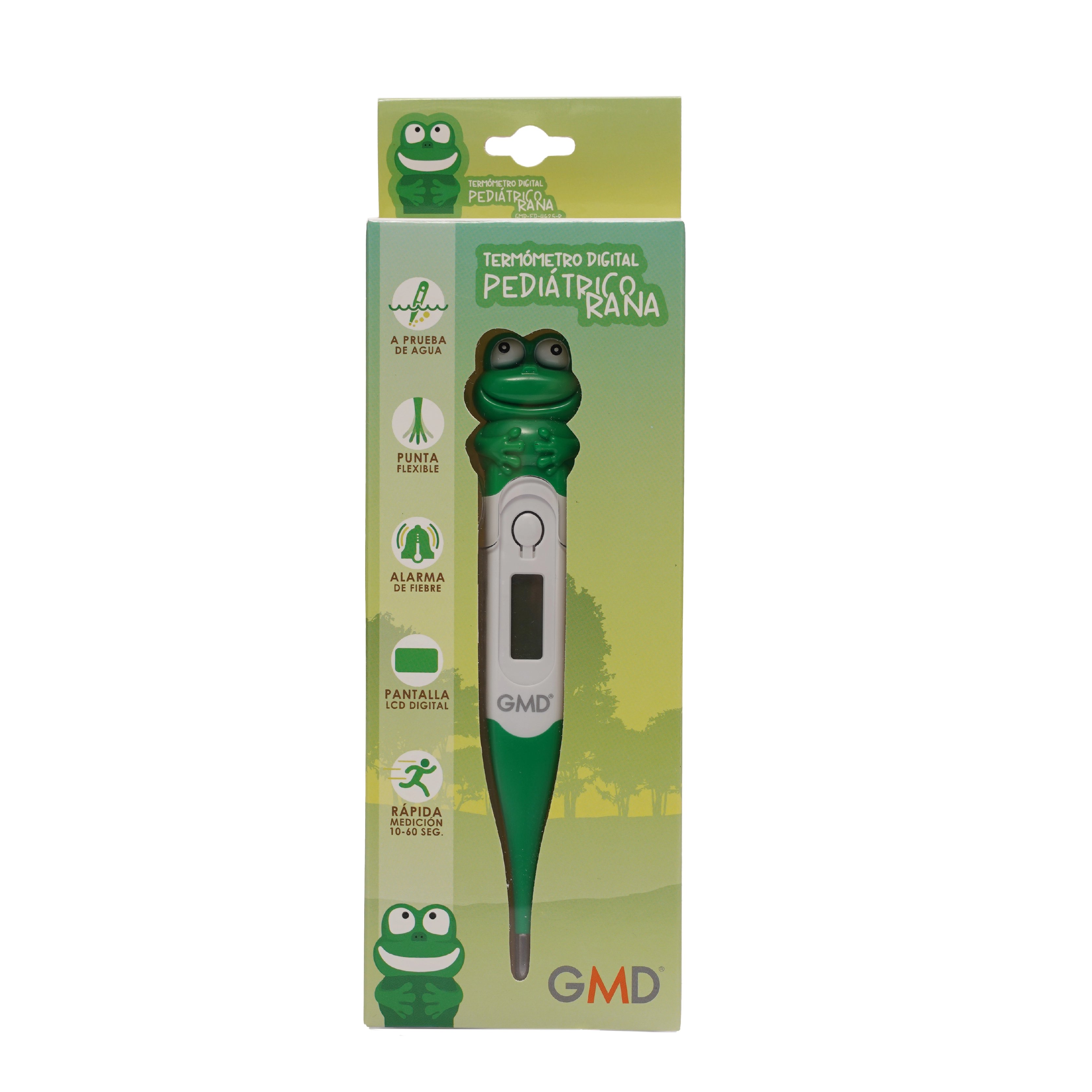 Termómetro digital pediátrico rana, empacado en caja. En el lado izquierdo del empaque se indica que es resistente al agua, con punta flexible, alarma de fiebre, pantalla LCD grande y medición rápida de 10–60 segundos. En el centro se observa el termómetr. Haga clic para ampliar la imagen