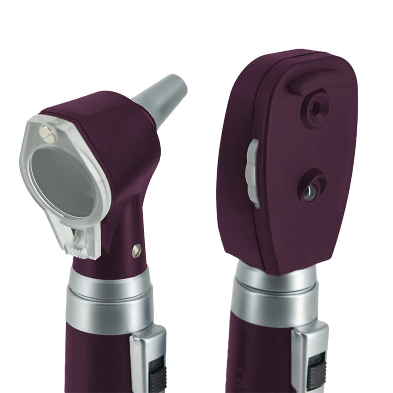 Kit de órganos y sentidos con fibra óptica gmd 2 bases 2 cabezales, purpura, vista lateral, en el lado izquierdo cabezal redondo con lupa transparente y una punta gris para introducir en el oído. En el lado derecho cabezal rectangular con lente de observa. Haga clic para ampliar la imagen