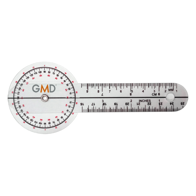 Goniometro gmd para codos y tobillos, de plástico transparente, con cuerpo circular que presenta tres mediciones: una superior en color rojo de 0°a 80°en intervalos de 20 en 20; una central con dígitos en negro más grandes de 0°a180°en intervalos de 10 en. Haga clic para ampliar la imagen