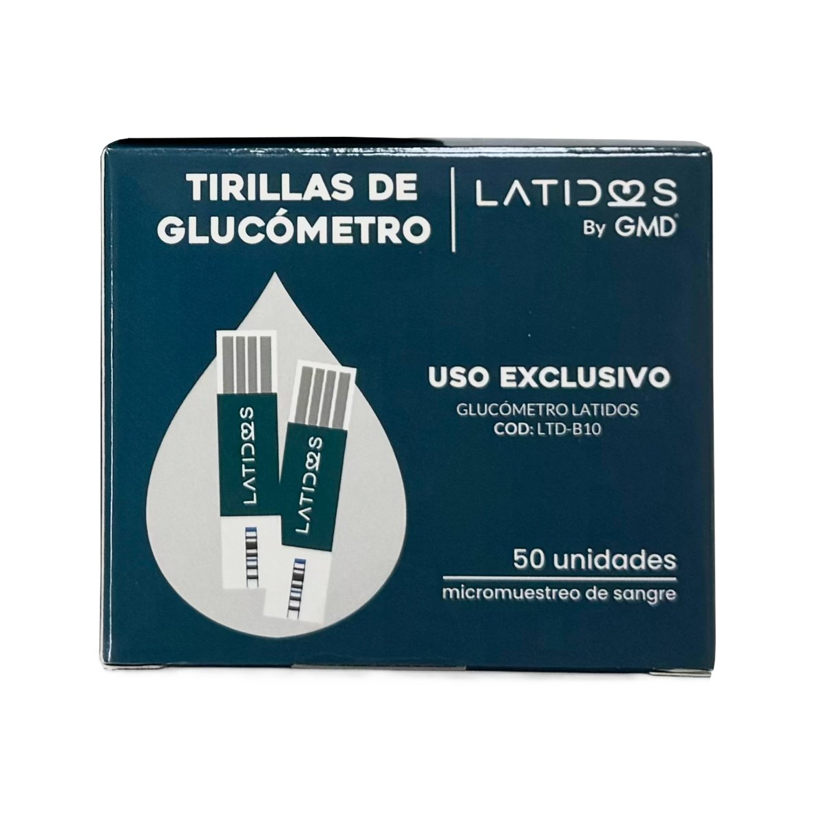 Tirillas Reactivas para el glucómetro LTD-B10 x 50 unidades. Caja cuadrada. En la parte superior texto 'Tirillas de Glucómetro' y logo Latidos by GMD. En el centro ilustración de dos tirillas sobre figura de gota de sangre gris. En el lado derecho texto U. Haga clic para ampliar la imagen
