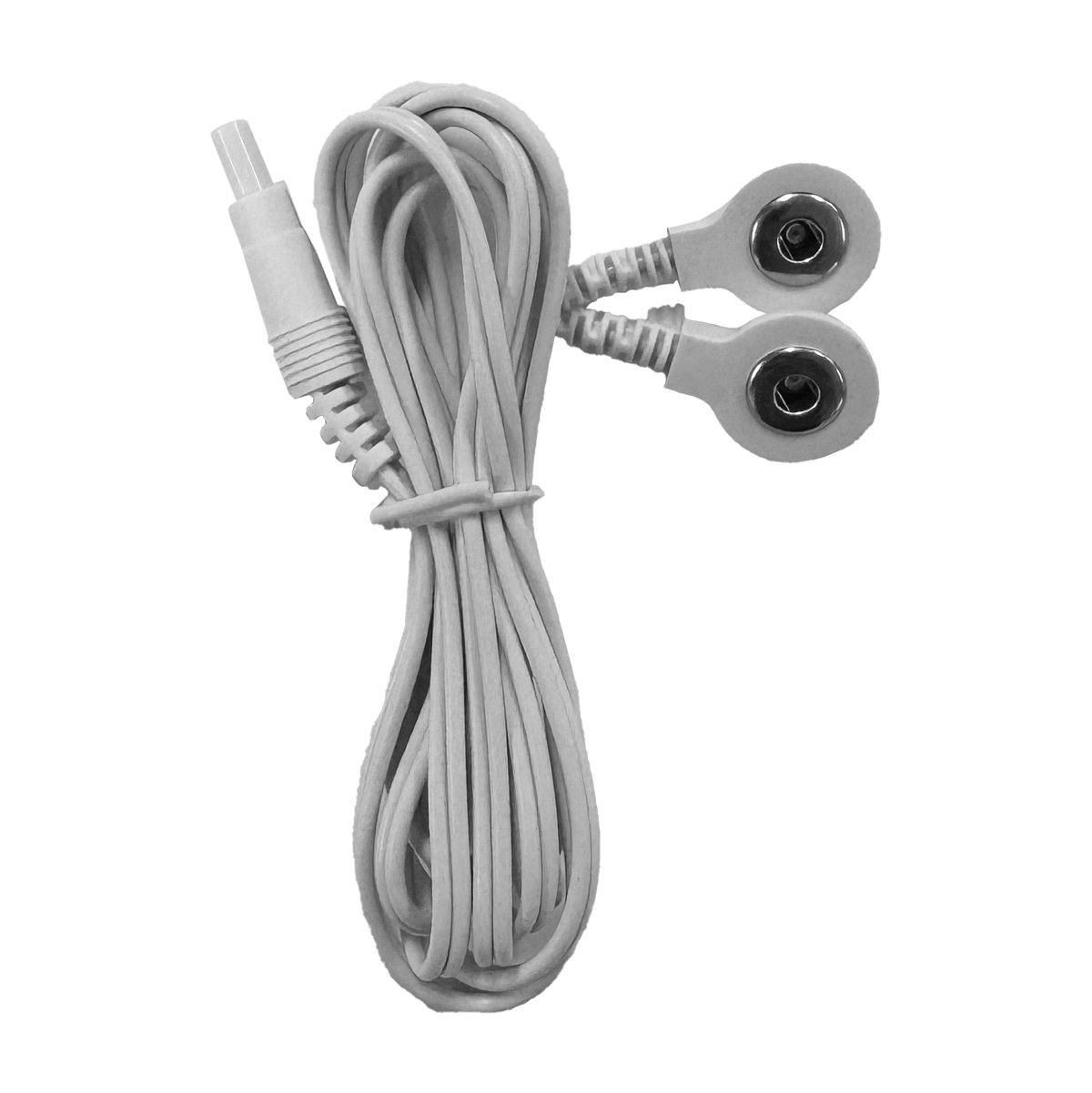 Cables para el ELEKTRO ONE, de color blanco, con conector metálico tipo snap en el extremo, con acabado plateado para la conexión a los electrodos.