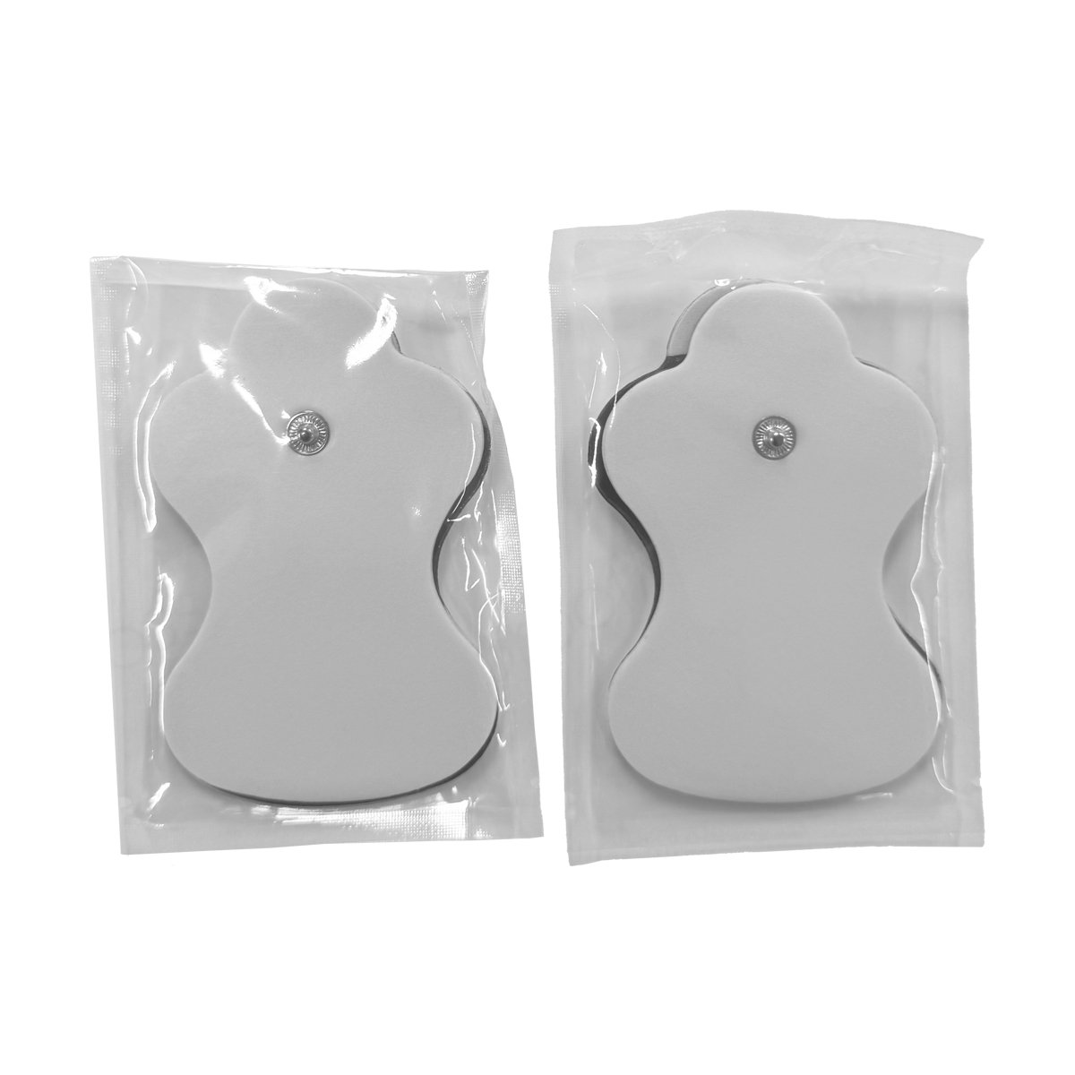 Electrodos x 4 unidades para el ELEKTRO ONE, en bolsa transparente sellada; dos unidades de electrodos, de color blanco, bordes ondulados con conector metálico tipo “snap” en el centro de color plateado.