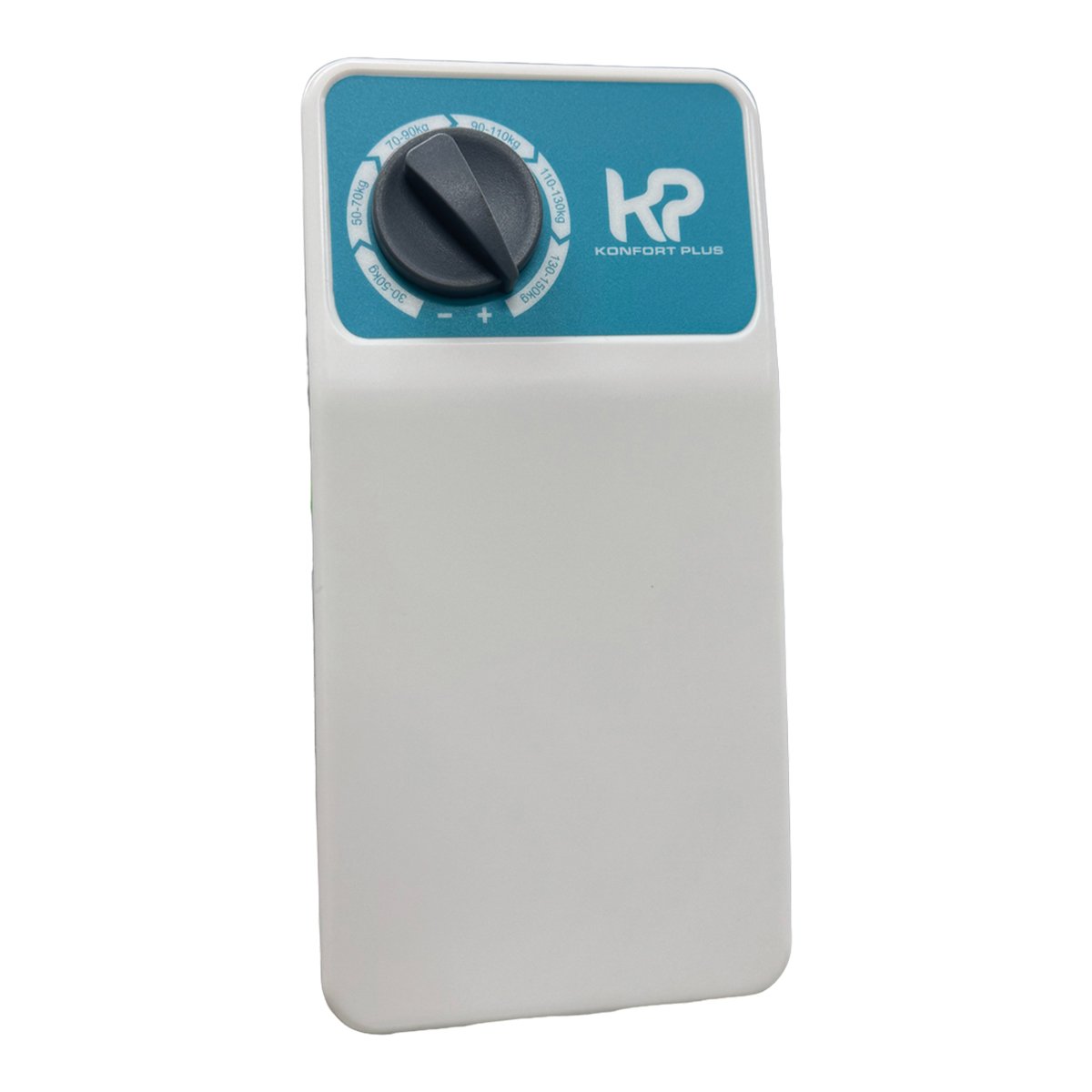 Superficie especial para el manejo de la presión semp i kp color beige, monitor rectangular color blanco, de color azul en la parte superior. En el lado izquierdo perilla negra al rededor rangos de peso en blanco: 30–50 kg, 50–70 kg, 70–90 kg, 90–110 kg, . Haga clic para ampliar la imagen