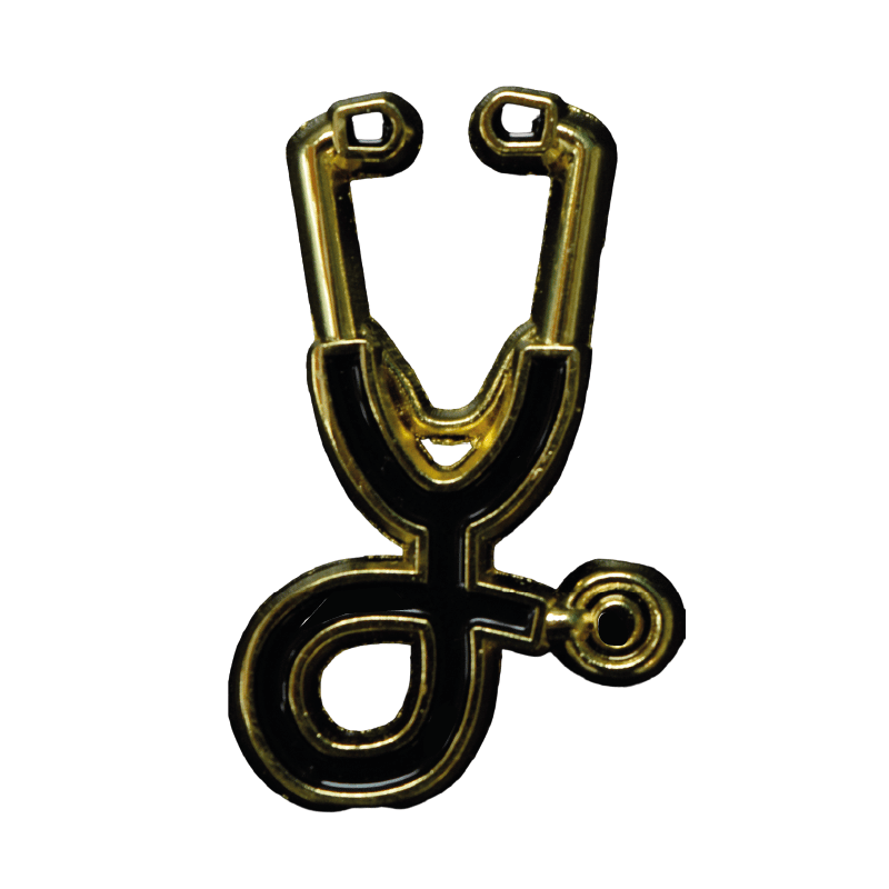 Pin gmd fonendoscopio, de color dorado, con base lisa y brillante; en la parte inferior, detalle en color negro.. Haga clic para ampliar la imagen