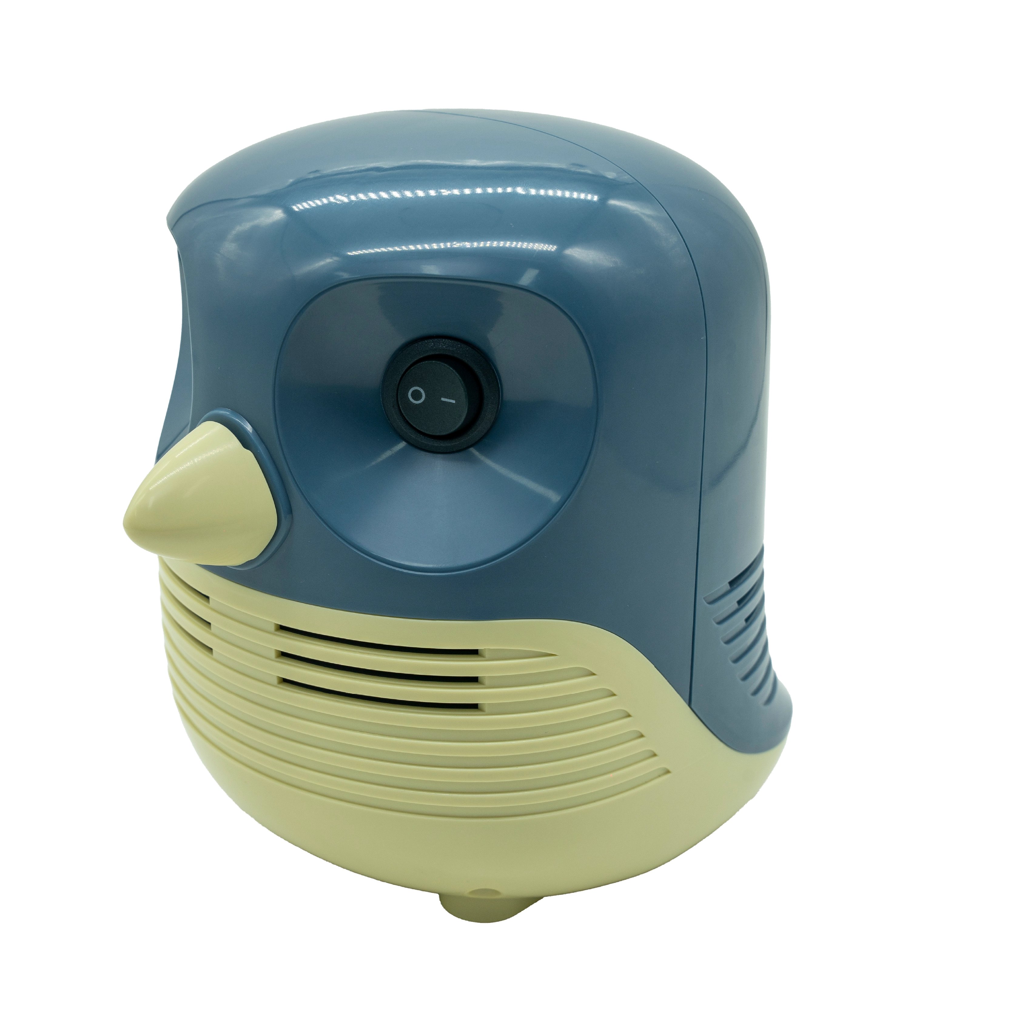 Compresor nebulizador Nube 1000 figura de búho, vista lateral derecha, en colores azul y amarillo claro, con cuerpo redondeado y rejillas horizontales en la parte frontal inferior. Ojo color verde que corresponde al botón de encendido/apagado y pico amari. Haga clic para ampliar la imagen