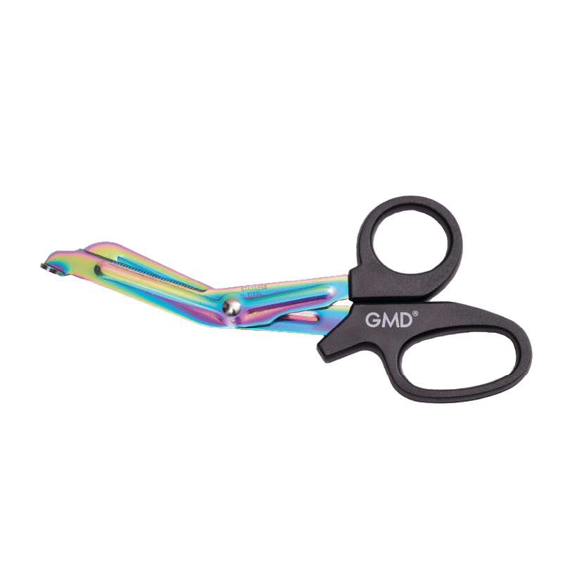 Tijeras arcoíris negro GMD, con mangos ergonómicos de color negro y hojas de acero inoxidable con acabado en arcoíris; presentan filo combinado (una hoja lisa y otra dentada), punta roma y zona dentada con apoyo lateral; en posición cerrada, con mayor lon. Haga clic para ampliar la imagen