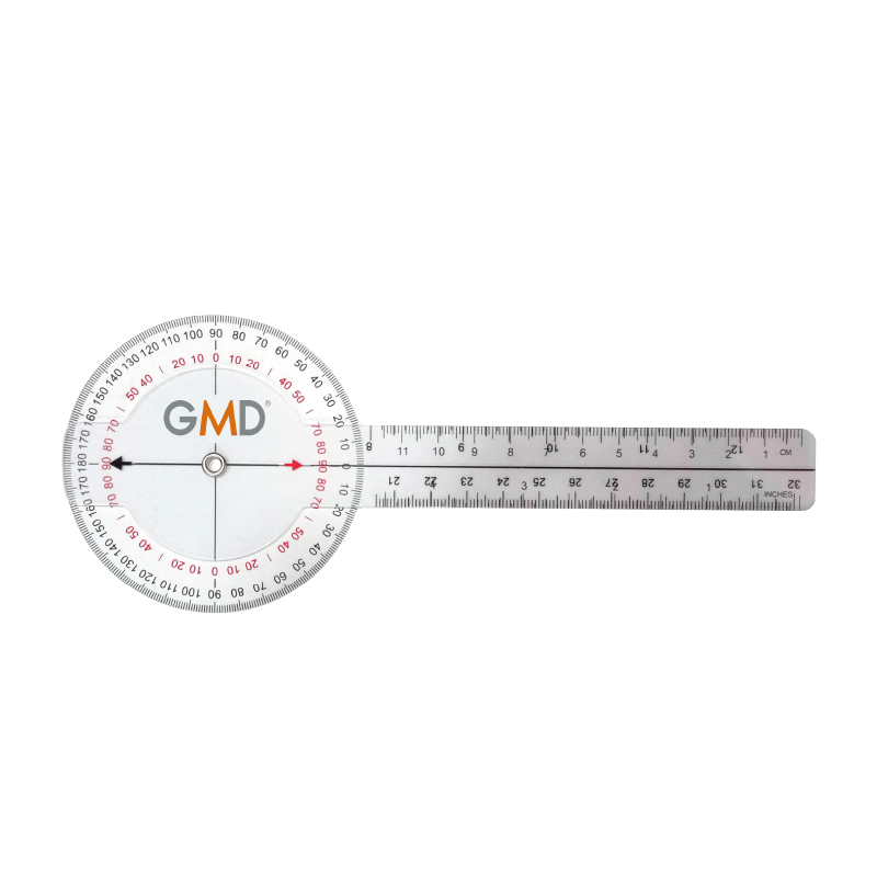 Goniometro gmd para hombros caderas rodillas, de plástico transparente, con cuerpo circular en la parte superior con dos mediciones, una de 0°a 180°en color negro y otra de 0°a 90°en color rojo. Con eje metálico central, logo “GMD” y dos flechas en color . Haga clic para ampliar la imagen