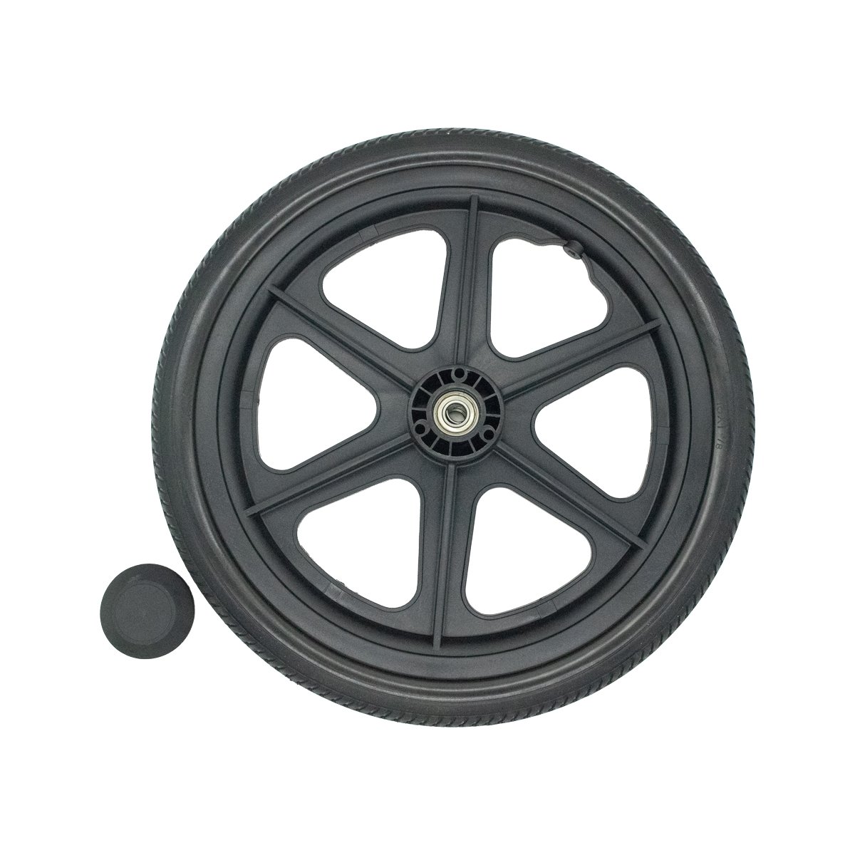 Llanta trasera para silla de ruedas Transprote MP23L/MP23, vista frontal, de color negro metálico con seis radios, neumático de goma y orificio central para inserción, al lado izquierdo tapa circular negra.. Haga clic para ampliar la imagen