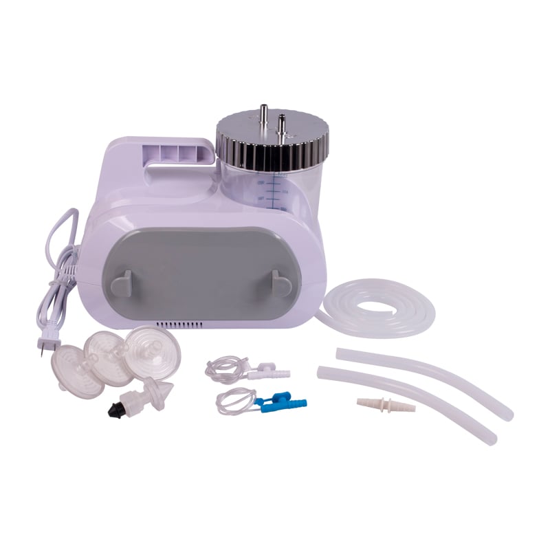 Aspirador de secreciones portátil ADS100. Vista posterior, Kit en la parte superior un aspirador de color blanco con frasco recolector transparente graduado hasta 1100 ml, tapa metálica plateada, asa de transporte, cable de alimentación y manguera de succ. Haga clic para ampliar la imagen