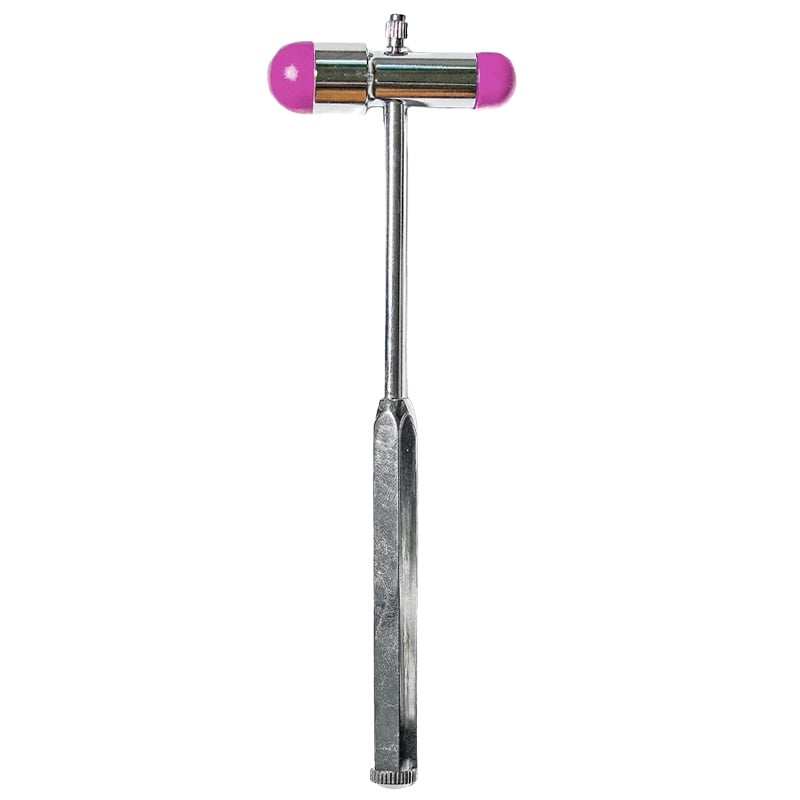 Martillo de reflejo buck gmd, estructura metálica plateada y diseño en forma de T. Con mango metálico alargado y cabezal horizontal con extremos de goma en color rosado neon. En el extremo inferior del mango, pieza metálica con líneas en relieve, donde se. Haga clic para ampliar la imagen
