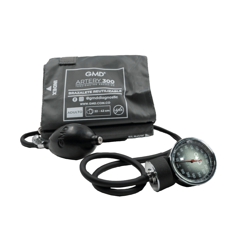 Tensiometro artery 300, brazalete reutilizable gris, talla adulto (22 a 42 cm), libre de látex. Presenta impresión de información e indicaciones en color blanco, incluyendo “INDEX” en el lado izquierdo, en la parte media, y “ELBOW” en la parte inferior pa. Haga clic para ampliar la imagen