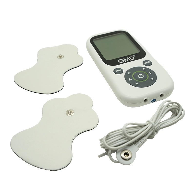 Electroestimulador ELEKTRO ONE, kit con dos electrodos blancos de bordes ondulados y conector metálico tipo “snap” en el centro de color plateado; dispositivo de color blanco con pantalla apagada y cable para conexión de electrodos.. Haga clic para ampliar la imagen