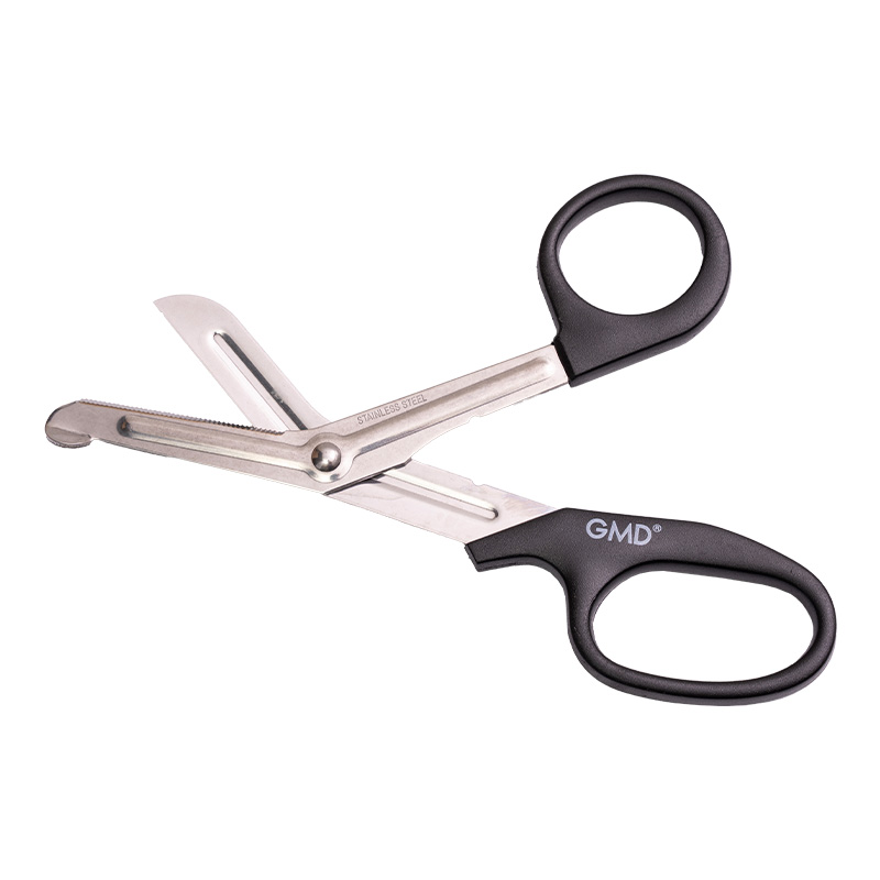 Tijeras GMD Basic de 7 1/2 pulgadas, color negro, fabricadas en acero, con filo combinado (liso + dentado).