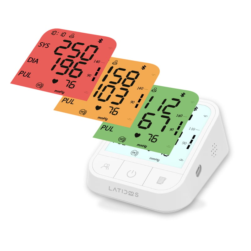 Tensiometro latidos con Bluetooth, vista lateral derecha, de color blanco, con botones ubicados en la parte inferior. Presenta pantalla con fondo en tonos verde, naranja y rojo, con dígitos en color negro. En el lateral se observa un puerto tipo USB y ori. Haga clic para ampliar la imagen