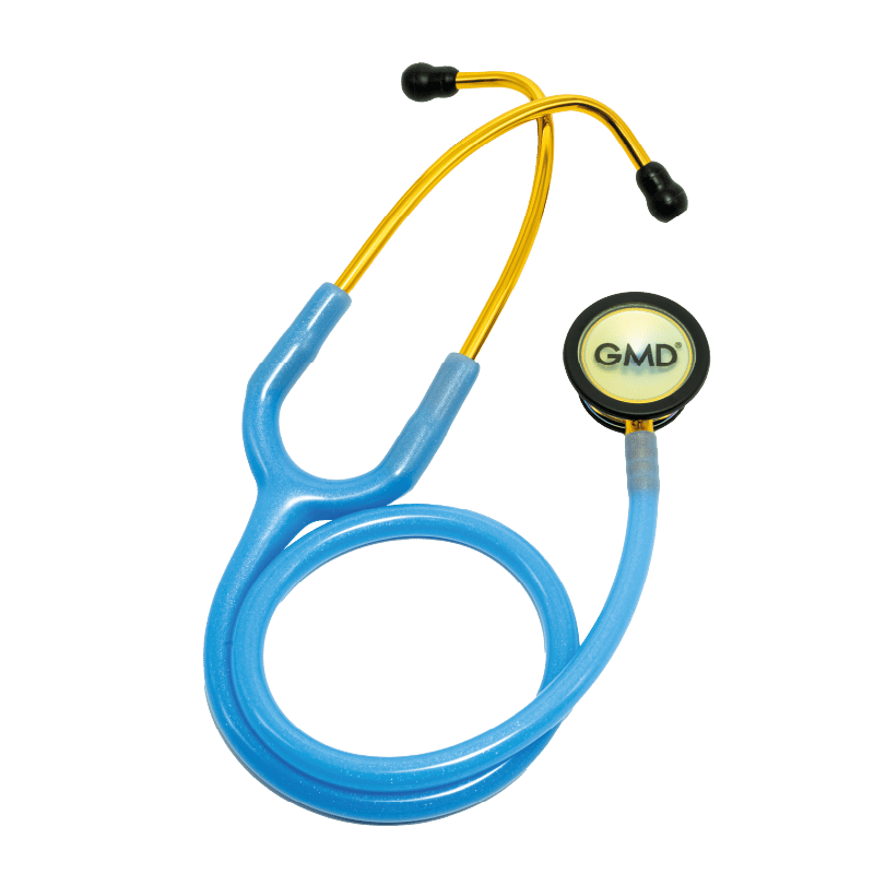 Fonendoscopio OIS 300 color azul brillante, membrana verde con amarillo con logo GMD impreso y reborde negro. Con olivas negras.. Haga clic para ampliar la imagen