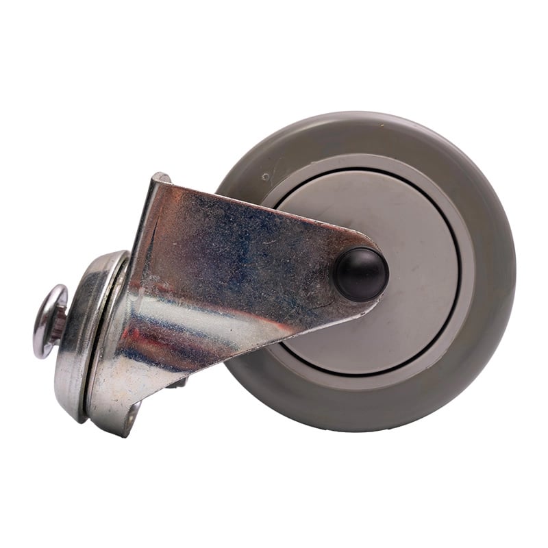 Rueda delantera de 4' para JBS168-1, unida a estructura metálica plateada, con tornillo de fijación superior y rueda color gris sujetada con tornillo negro en el centro.