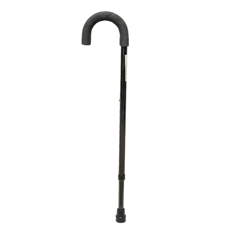 Baston tipo paraguas, estructura metálica negra. En el extremo superior con empuñadura negra, debajo etiqueta blanca con información impresa en negro. En la parte central mecanismo ajustable de altura con orificios y pin dorado, y en la base goma antidesl