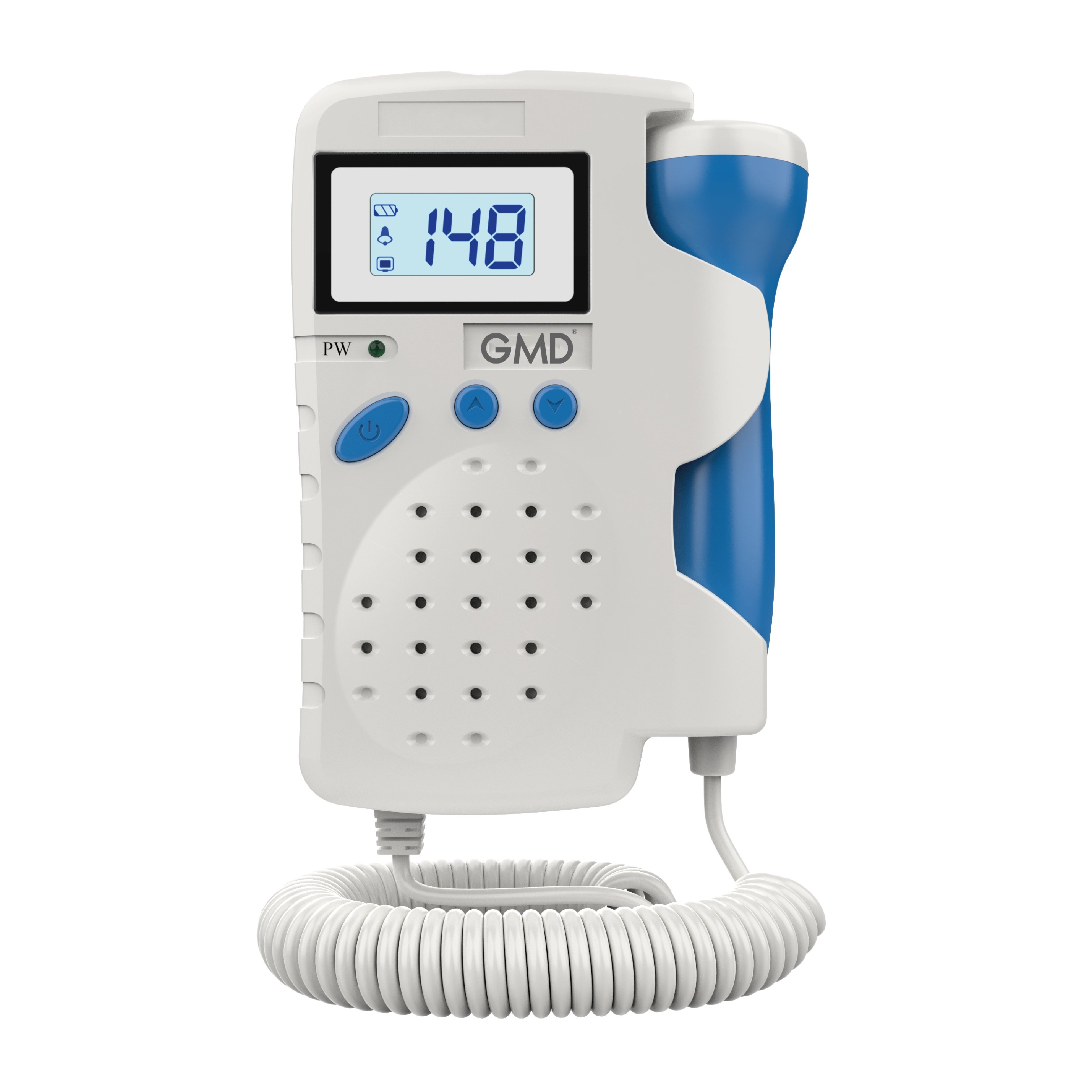 Doppler Fetal GMD, de color blanco con detalles en azul. Cuenta con pantalla LCD en la parte superior que muestra los dígitos en color azul, botones de control en color azul debajo de la pantalla y rejilla de altavoz debajo de los botones. En el lateral d. Haga clic para ampliar la imagen