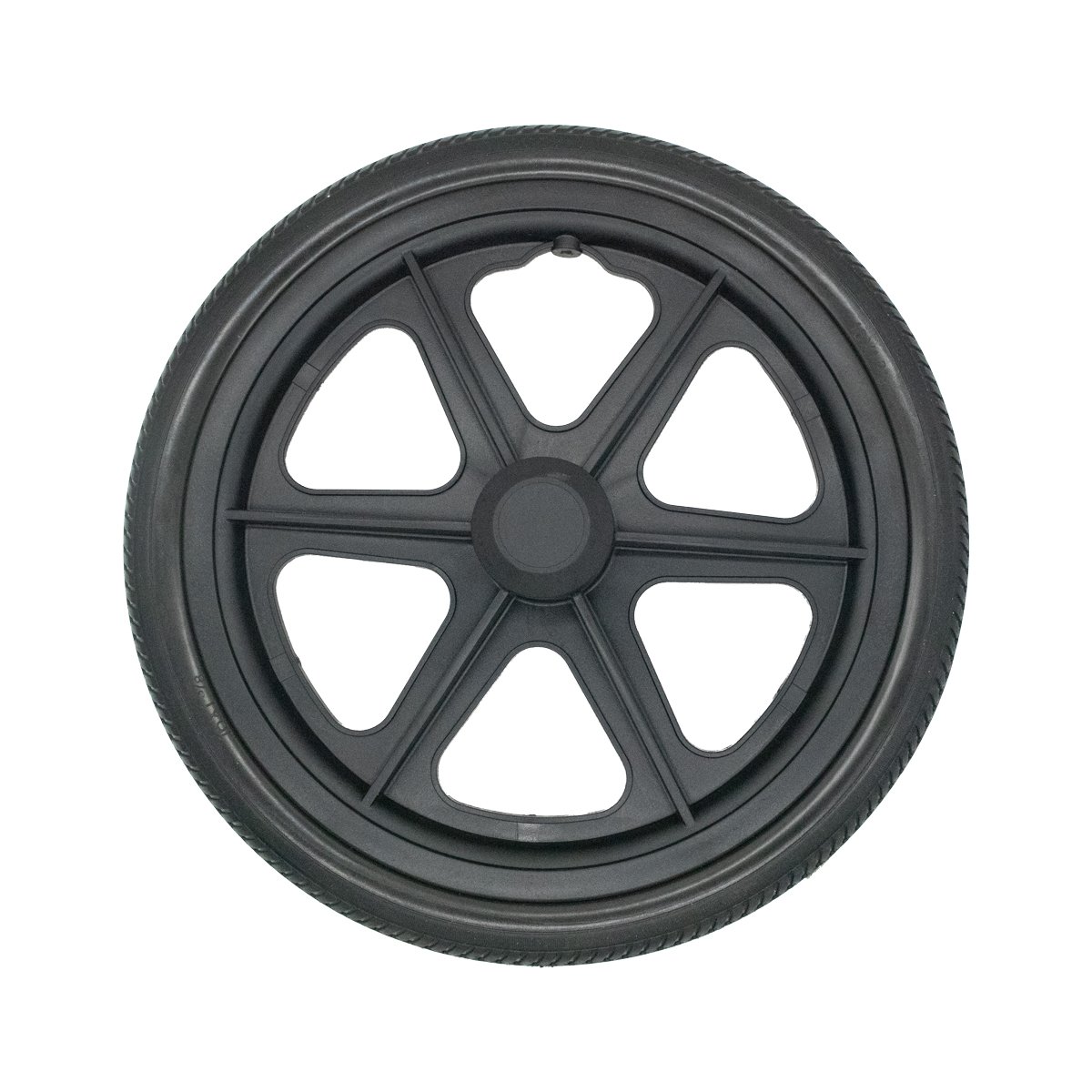 Llanta trasera para silla de ruedas Transprote MP23L/MP23, vista frontal, de color negro metálico con seis radios, neumático de goma y en el centro tapa circular negra con reborde gris.. Haga clic para ampliar la imagen