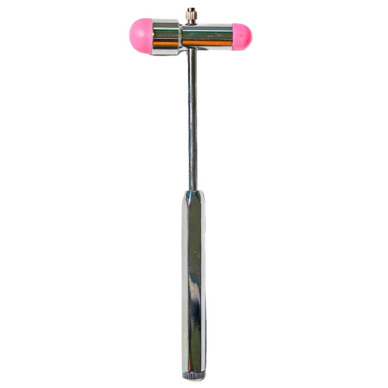 Martillo de reflejo buck gmd, estructura metálica plateada y diseño en forma de T. Con mango metálico alargado y cabezal horizontal con extremos de goma en color rosado. En el extremo inferior del mango, pieza metálica con líneas en relieve, donde se inte. Haga clic para ampliar la imagen