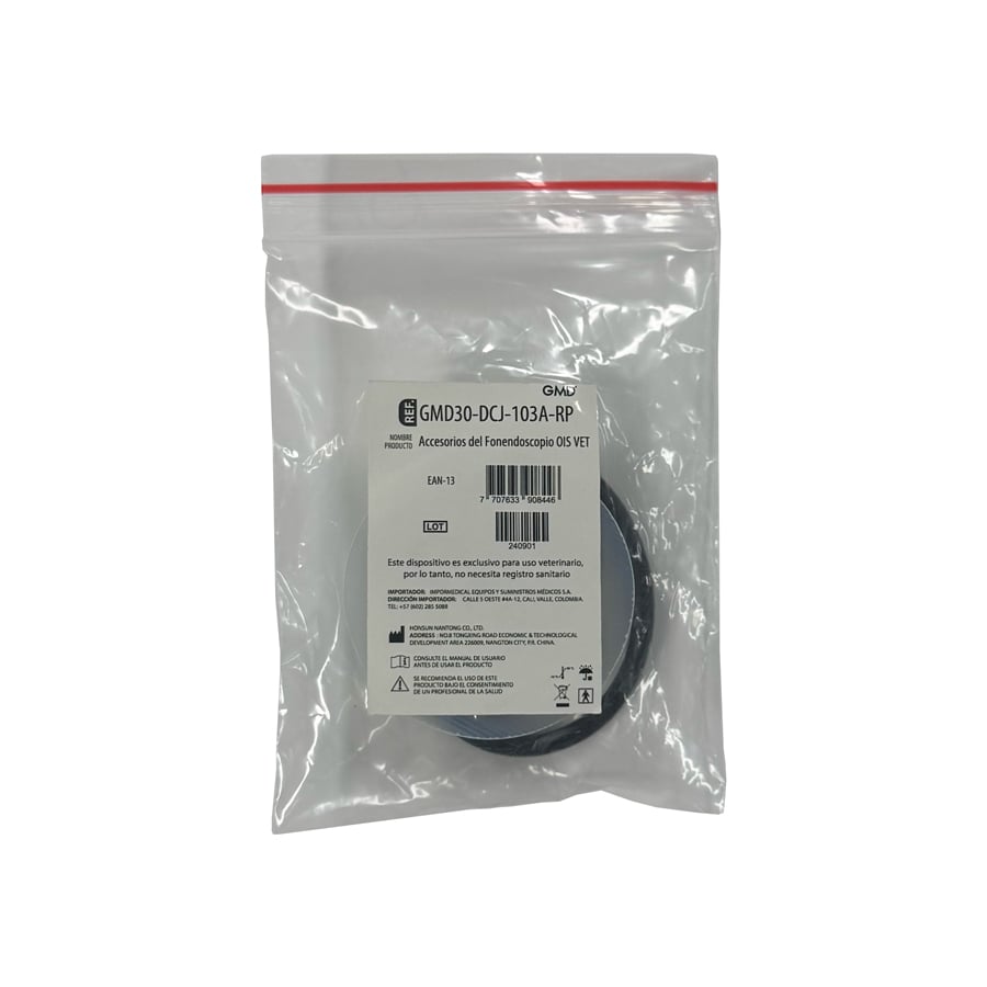 Accesorios del Fonendoscopio OIS VET, en bolsa plástica transparente con cierre hermético de franja roja. Con información del producto, logo GMD, referencia, código de barras EAN-13, número de lote 240901, e indicaciones de uso veterinario, datos del impo. Haga clic para ampliar la imagen