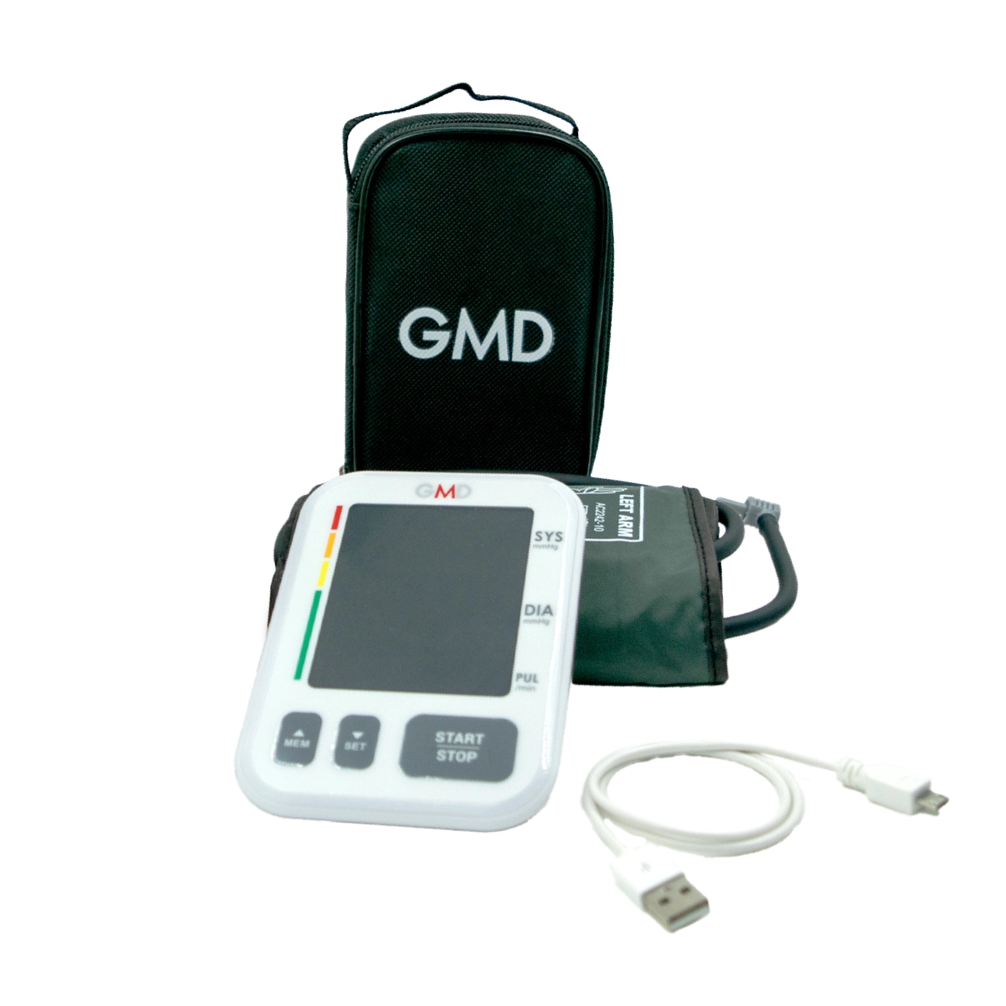 Monitor de presión Arterial - KARDYO 500, kit completo: incluye estuche negro con logotipo GMD en color blanco, brazalete ajustable de color verde oscuro con manguera de conexión negra, dispositivo digital de color blanco con botones ubicados en la parte . Haga clic para ampliar la imagen