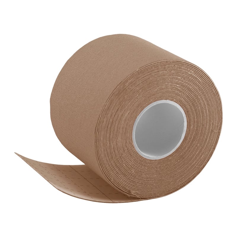 Cinta kinesiológica de 5cmx5m color beige, rollo de forma circular con apertura central. Tela elástica, con extremo inferior recubierto por papel adhesivo con cuadrícula beige.. Haga clic para ampliar la imagen