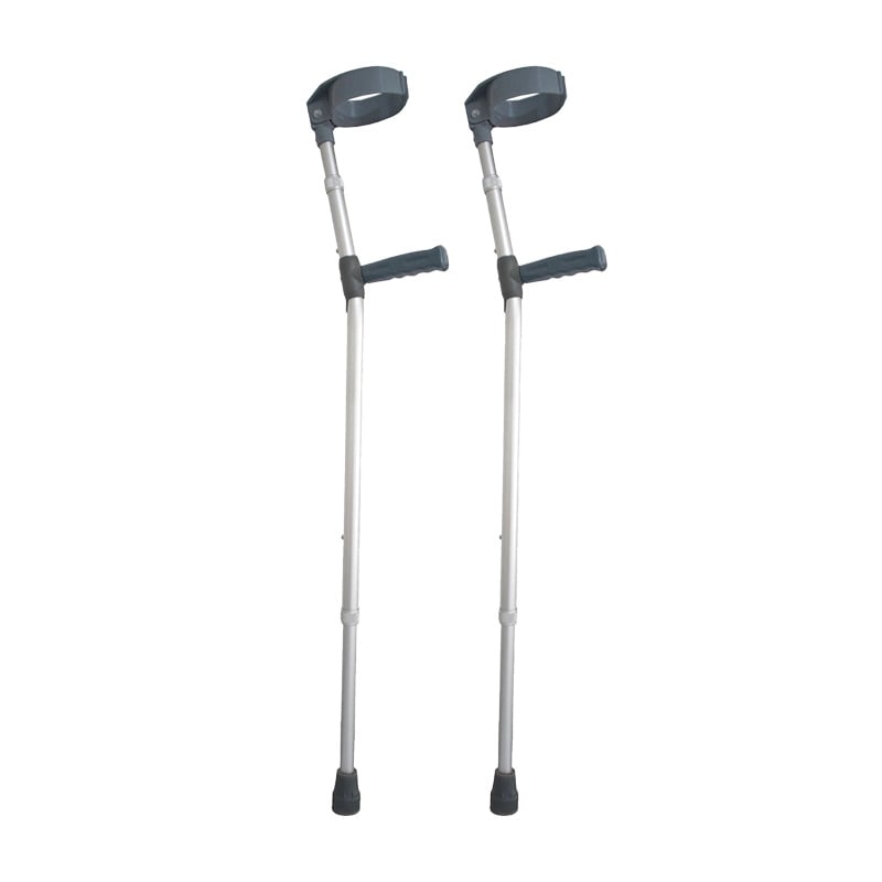 Muleta canadiense doble regulación talla l, par de muletas con estructura metálica plateada. En el extremo superior sujetador de forma circular para soporte del antebrazo en color gris oscuro, seguido de mango ergonómico del mismo color. En la parte infer. Haga clic para ampliar la imagen