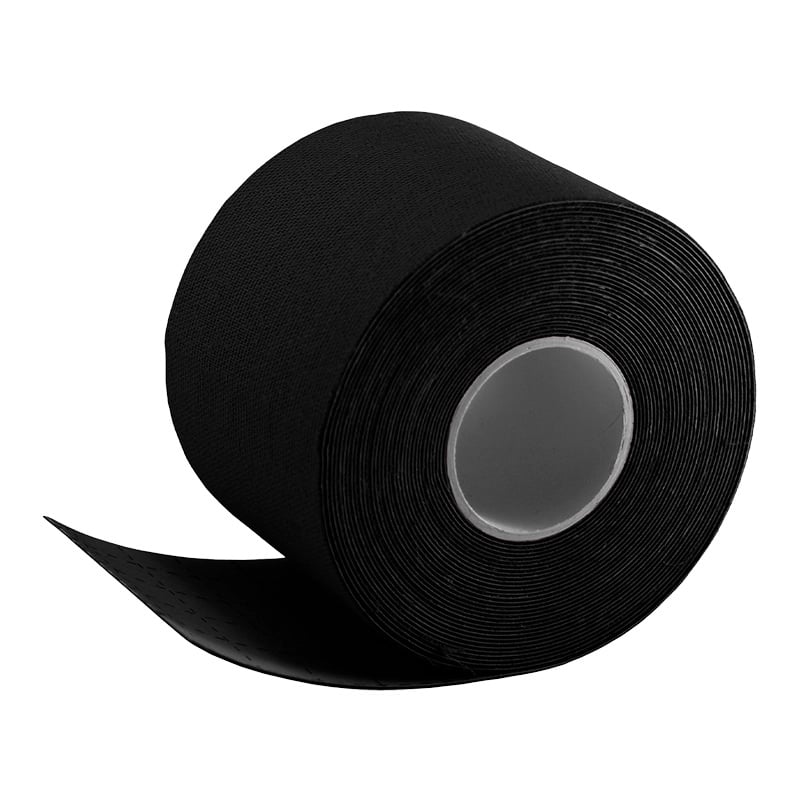 Cinta kinesiológica de 5cmx5m color negro, rollo de forma circular con apertura central. Tela elástica, con extremo inferior recubierto por papel adhesivo con cuadrícula negra.. Haga clic para ampliar la imagen