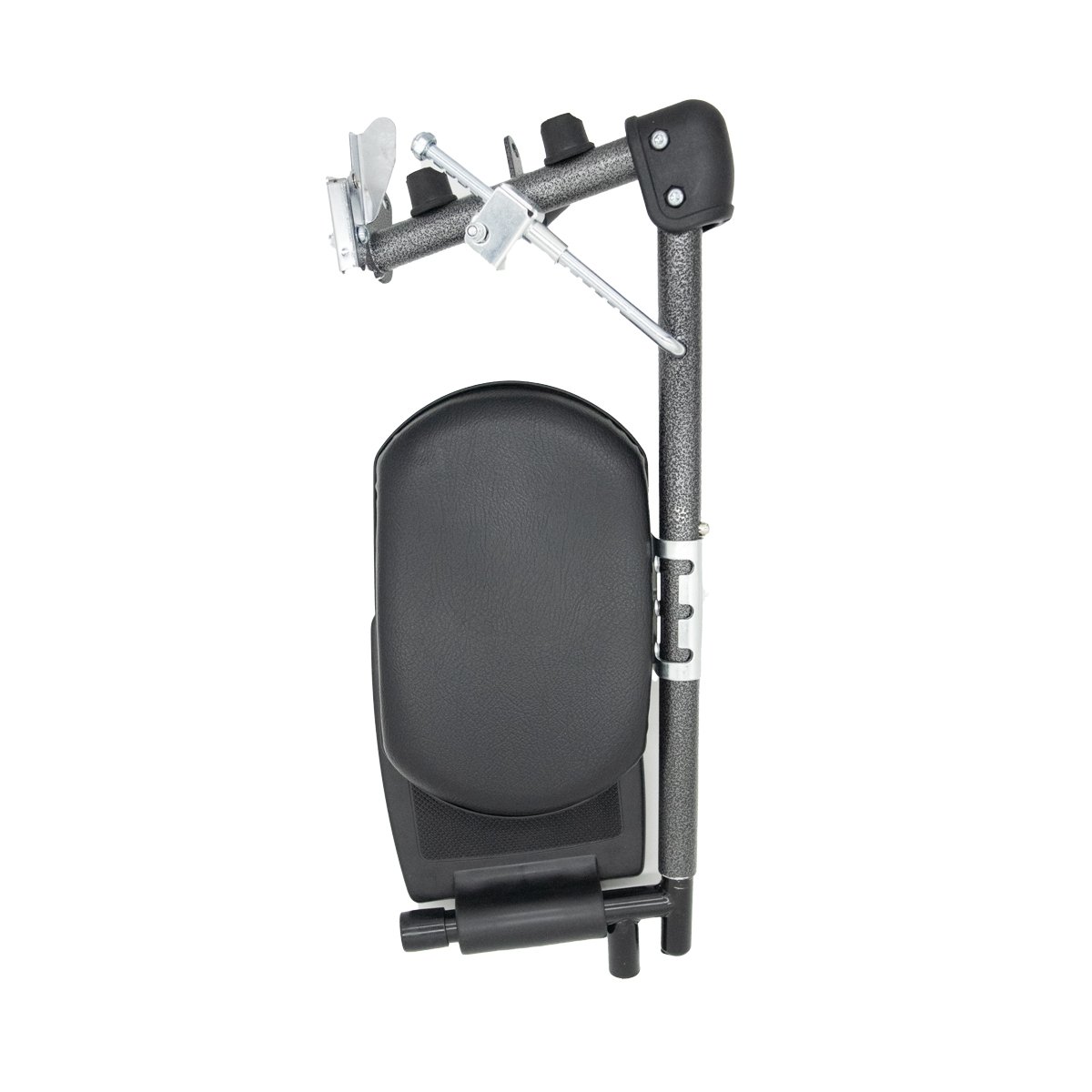 Reposapies elevables para silla de ruedas kbe1462re-p23l / pp23l, con estructura metálica gris. En el extremo superior barra horizontal con mecanismo metálico ajustable, palanca plateada y protector negro en la esquina, unido con tornillos metálicos plate. Haga clic para ampliar la imagen