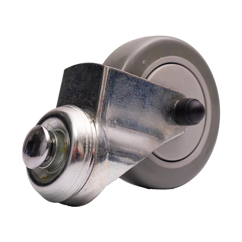 Rueda delantera de 4' para JBS168-1, vista posterior, unida a estructura metálica plateada, con tornillo de fijación superior y rueda color gris sujetada con tornillo negro en el centro.. Haga clic para ampliar la imagen