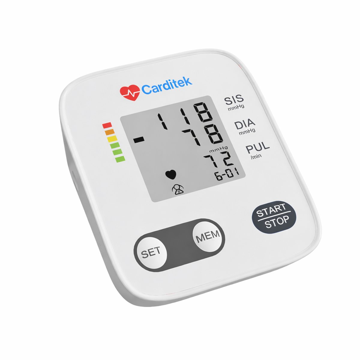 Tensiómetro digital Carditek Vital blanco con diseño sencillo y pantalla blanco y negro.. Haga clic para ampliar la imagen