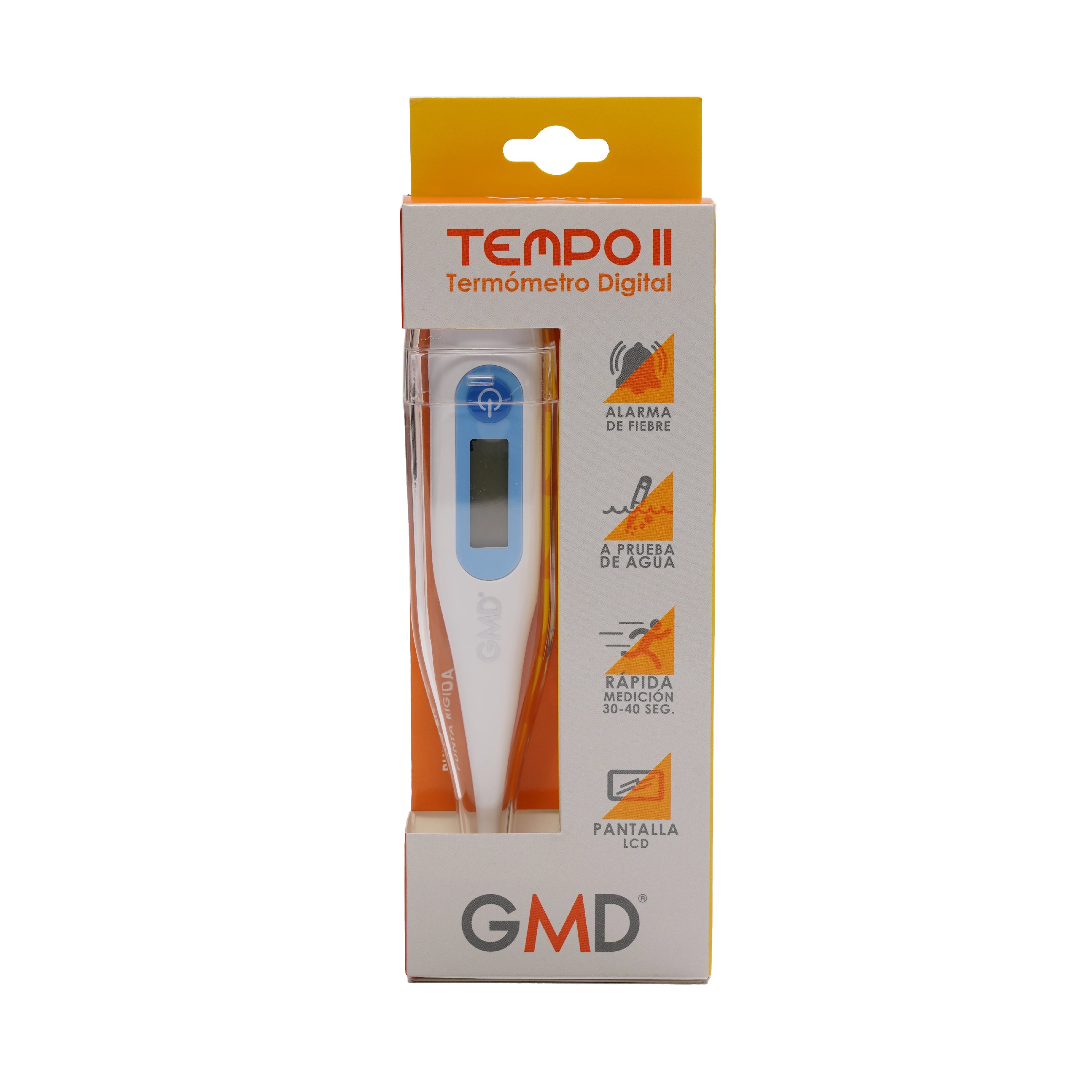 Tempo ii termómetro digital, en caja de color blanco con naranja. En la parte superior se indica el nombre “Tempo II termómetro digital”. En el lado izquierdo se muestra el termómetro con pantalla apagada. En el lado derecho se destacan sus característica. Haga clic para ampliar la imagen