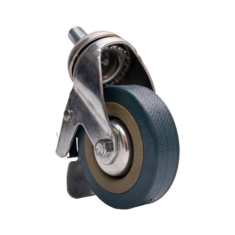 Vista frontal de llanta para cómodo sanitario FS696 con freno, soporte metálico gris, rueda giratoria negra y amarilla, con freno metálico visible. Haga clic para ampliar la imagen